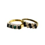 A dress ring, set with baguette cut green and small white stones, on a plain shank, marked, ring siz