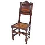 A late 17th/early 18thC oak side chair, the back with rectangular panel on moulded cornice, with two