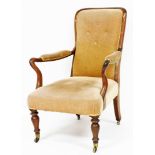 A Victorian rosewood open armchair, rosewood framed, with a pink dralon button back upholstery, 103c