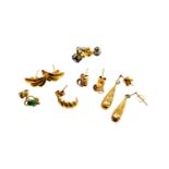 A group of 9ct gold and other earrings, to include a pair of 9ct gold drop earrings, a single hoop e