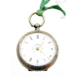 A Continental silver fob watch, with white enamel dial, with applied floral detailing, in an embosse