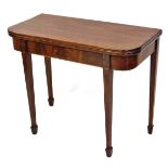 A 19thC mahogany inlaid tea table, the folding top on tapered marquetry and dark moulded legs, 73cm