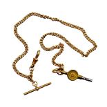 A 9ct gold watch chain, with curb links and clip end with T bar, the T bar stamped 9c, 34cm long, 16