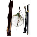 A group of fishing equipment, to include a power light by Keenets net handle 1.5m, a landing net, a