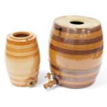 Two stoneware barrels, to include a London Pottery small barrel with cork stop, 29cm high, and anoth