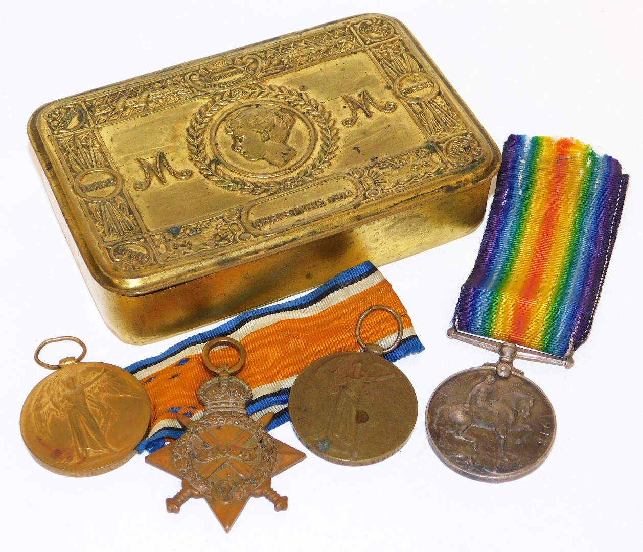 A set of WWI medals, named to Pte V Powell, Grenadier Guards, 13699, comprising 1914-15 star, Victor