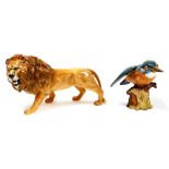 Two animal figures, to include a Beswick model of a lion, 13cm high, and a Beswick kingfisher orname