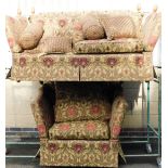 A Knole style two seater sofa, with brown material finish with floral decoration, together with an a