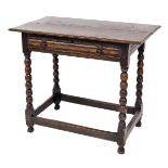 A late 18th/early 19thC oak side table, with single drawer with cutlery compartment conversion, on b