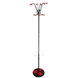 A vintage metal coat stand, with red plastic hooks, 168cm high.