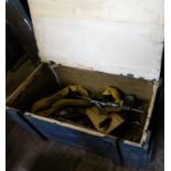 A wooden tool chest, stamped Roberts, 80cm wide, together with a group of tools, block and pulley,