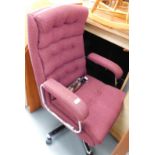 A purple finish button back office chair, with stainless steel supports (AF), 172cm high, 63cm wide,