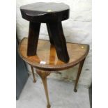 A walnut D end table, and a rustic style stool. (2)