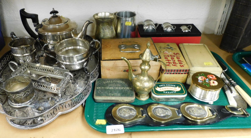 Silver plated and brass wares, to include silver plated gallery tray three piece set, tankards,