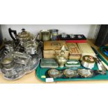Silver plated and brass wares, to include silver plated gallery tray three piece set, tankards,