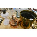 A Victorian copper kettle and a brass coal bucket, together with an opaque glass oil lamp. (3)