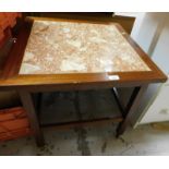 A modern teak and tile top coffee table, with four tile panel insets, 57cm high, 60cm side, 60cm