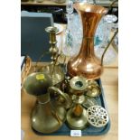 Various copper and brass wares, to include copper flagon, brass candlestick, trivet, turtle