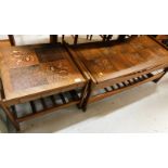 A teak tile top two tier table and coffee table, with autumnal brown leaf design, the square table