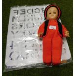 A plastic doll and various stencils.