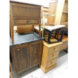 A group of furniture, comprising a pine three drawer bedside, 79cm high, 44cm wide, 75cm deep, two