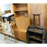 A group of assorted furniture, comprising a stained pine stool, a two door storage chest, a teak two