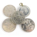 Four various nickel silver crowns, and a George V commemorative medallion. (5)