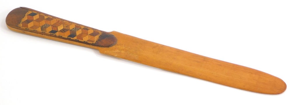 A 19thC Tunbridge ware sycamore and rosewood letter opener, the handle with mosaic decoration of flo