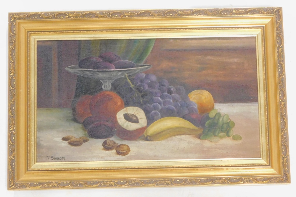 T. Sansom. Still life with fruit, oil on canvas, 26cm x 48cm.