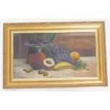 T. Sansom. Still life with fruit, oil on canvas, 26cm x 48cm.