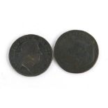 Two George I Irish half pennies, 1723 and 1724.