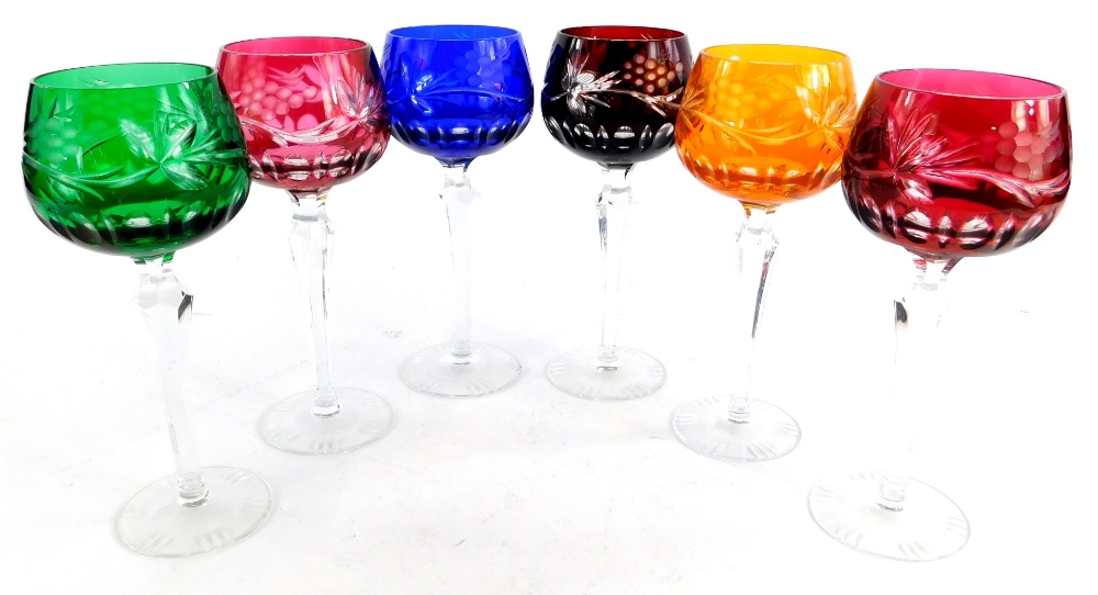 A harlequin set of six Bohemian style hock glasses, each with a cut coloured bowl.