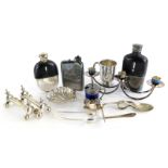 A collection of silver plated items, to include various hip flasks, knife rests, sugar tongs, shell