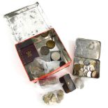 A large quantity of British and foreign coins, a German Kaiser medallion, etc.