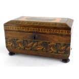 A 19thC Tunbridge ware and rosewood tea caddy, the lid engraved with a country house scene, within g