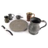 A collection of pewter, to include a small plate with London touch marks, a James Yates tankard, two