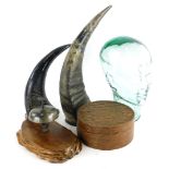 A moulded glass shop display head, 30cm high, a cast brass desk bell, leather collar box and two res