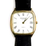 A Raymond Weil gentleman's wristwatch, with a gold plated wristwatch head, on a black leather strap.
