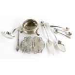 A collection of small silver, to include an open salt with a beaded rim and initialled cartouche, wi
