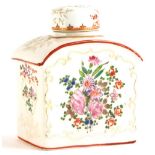 A continental porcelain tea caddy and cover, decorated in oriental style with flowers, leaves, etc.,