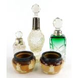 A collection of dressing table items, to include a cut glass scent bottle and stopper with silver co