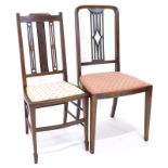 Two Edwardian mahogany and boxwood strung bedroom chairs, each with a padded seat on square tapering