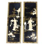 A pair of oriental lacquer panels, each with carved shell decoration of figures within a courtyard,