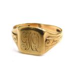 A 9ct gold gentleman's signet ring, with square ring head bearing initials GJQ, and engraved shoulde