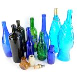 A quantity of bottles, to include a 19thC green glass wine bottle, another similar, etc.