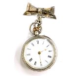 A continental silver fob watch, the small enamel watch head in an embossed silver case, with bow bar