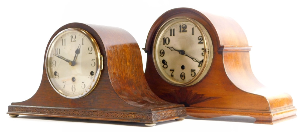 A 1920s/30s mahogany cased mantel clock, with silver dial and Westminster chime, the case inlaid wit