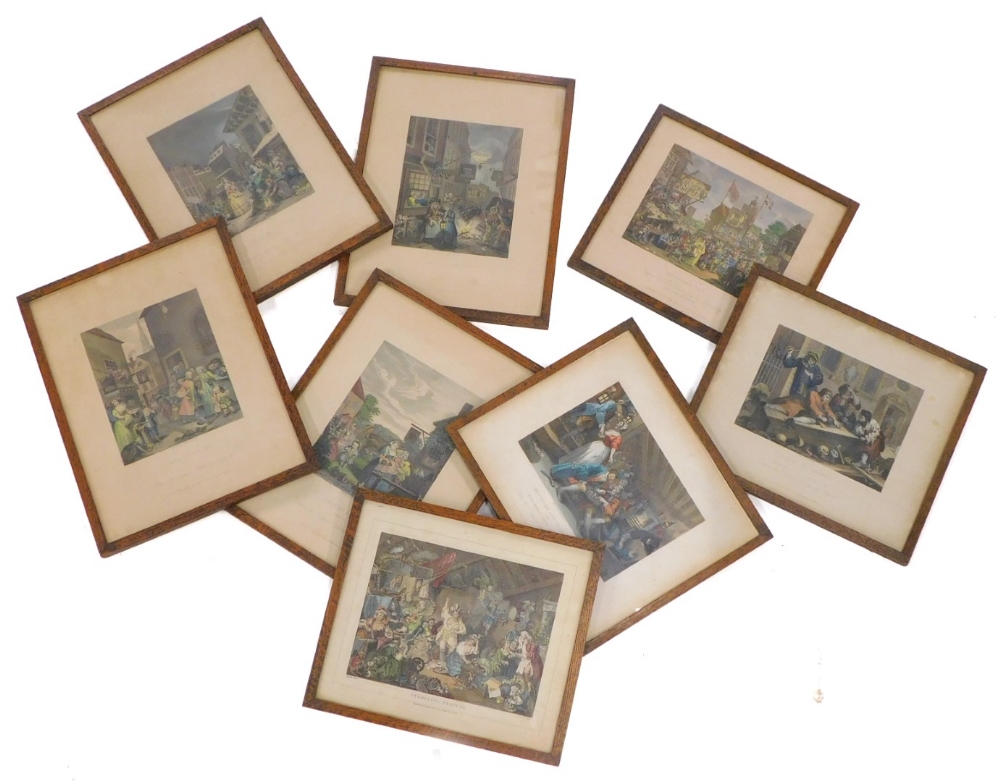 After William Hogarth. South Walk Fair and other coloured prints, each in oak frames. (8)