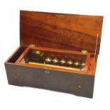 A late 19thC Swiss musical box, in a rosewood and marquetry case, the hinged lid enclosing a brass c