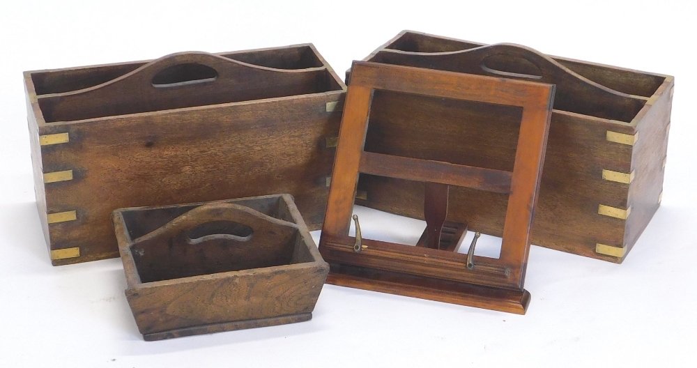 A hardwood table top music stand, with brass brackets, 32cm wide, an elm two division cutlery tray,